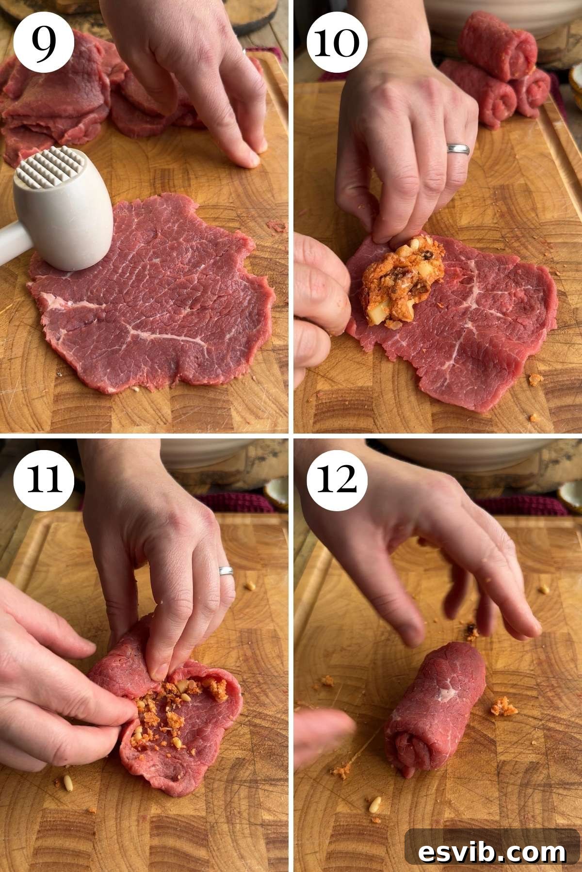 Four photos in a collage showing the precise steps for stuffing and rolling Sicilian involtini.