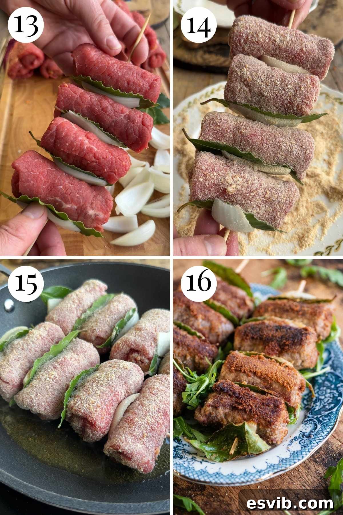Four photos in a collage demonstrating how to bread the involtini and pan-fry them to perfection.