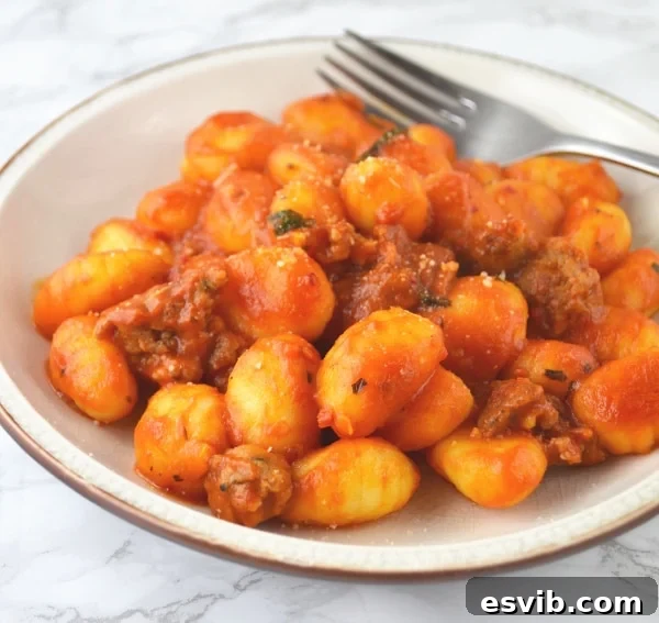 Pillowy Gnocchi with vibrant tomato and spicy Nduja sauce, garnished with fresh basil. A perfect comforting Italian dish.