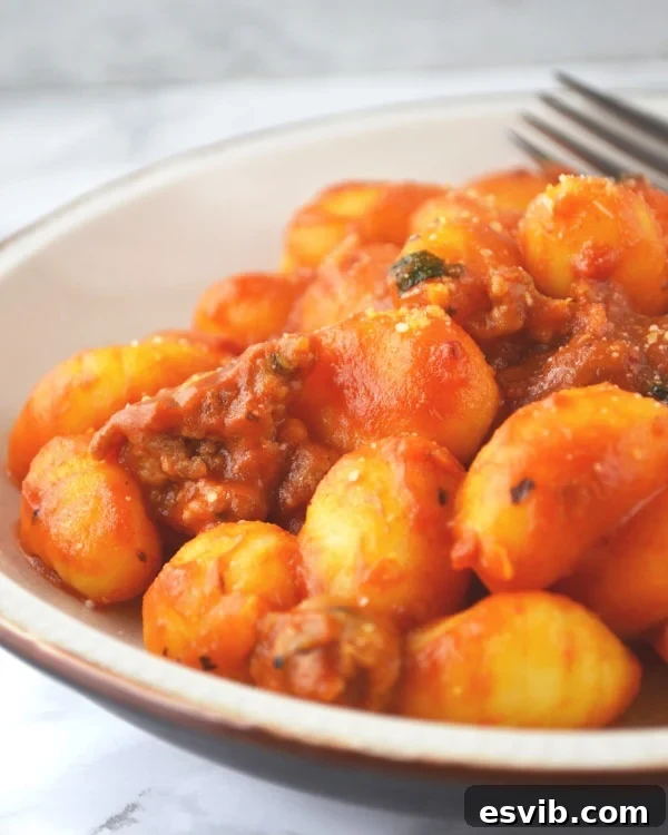 A bowl of Gnocchi with tomato and Nduja sauce, garnished with fresh basil leaves, ready to be served.