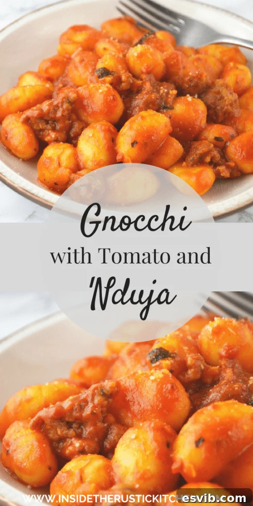 A Pinterest-friendly image of Gnocchi with tomato and 'Nduja, with text overlay for easy saving.