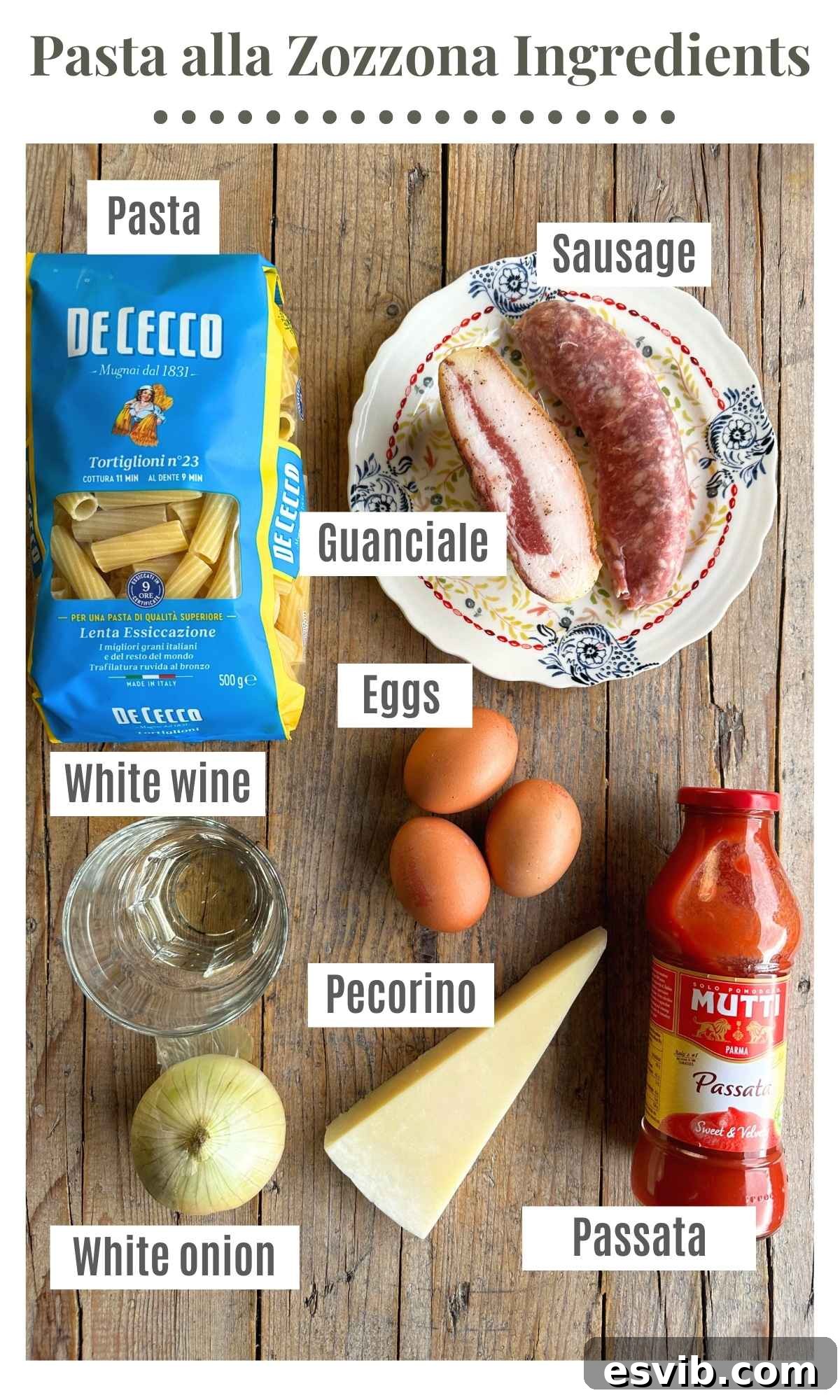 An overhead shot of all the ingredients needed to make pasta alla zozzona.