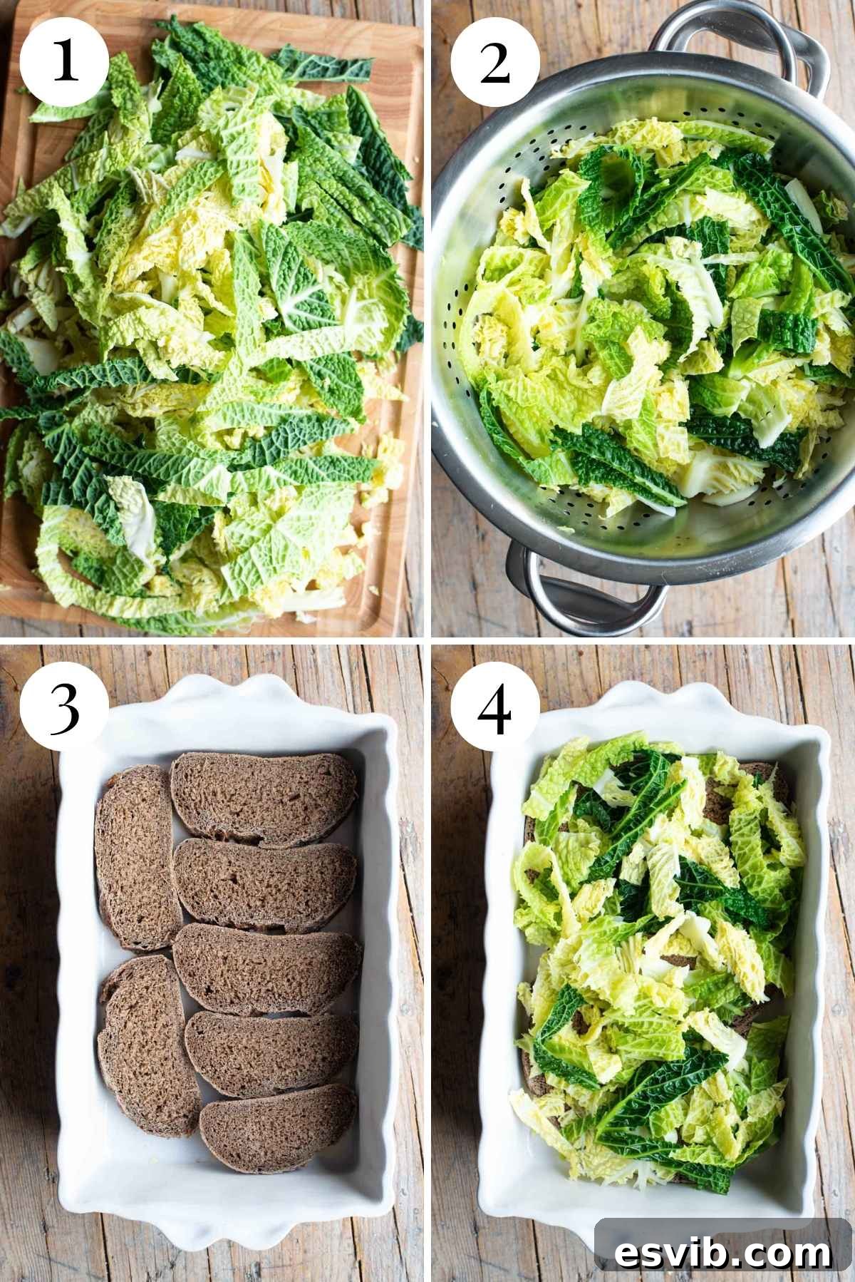 Hearty Alpine Cabbage and Cheese Bake 4 A visual collage showing the first steps of preparing Zuppa alla Valpellinese, including prepping cabbage and layering the first bread base.