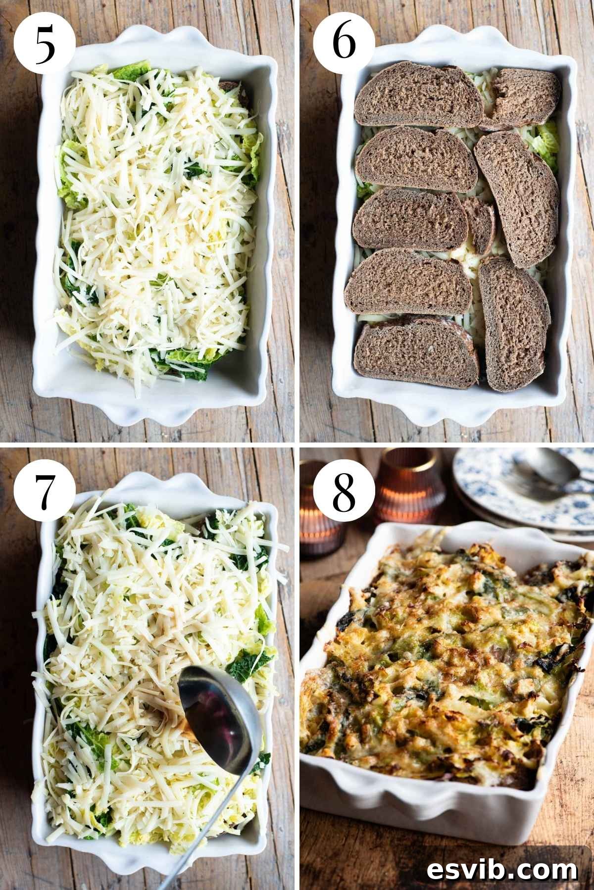 Hearty Alpine Cabbage and Cheese Bake 5 A visual collage demonstrating the layering process of Zuppa alla Valpellinese, with bread, cabbage, and Fontina cheese, followed by broth pour and cinnamon sprinkle before baking.