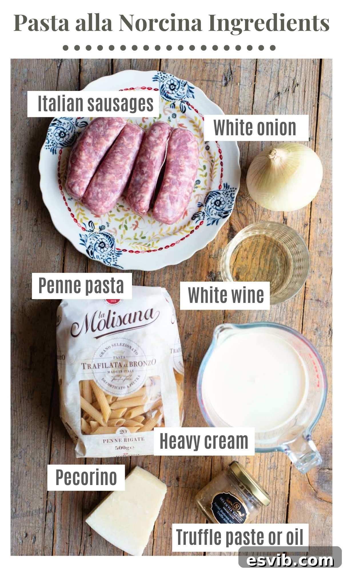 All the fresh ingredients meticulously laid out for preparing Pasta alla Norcina, including pasta, sausages, onion, wine, cream, and truffle.