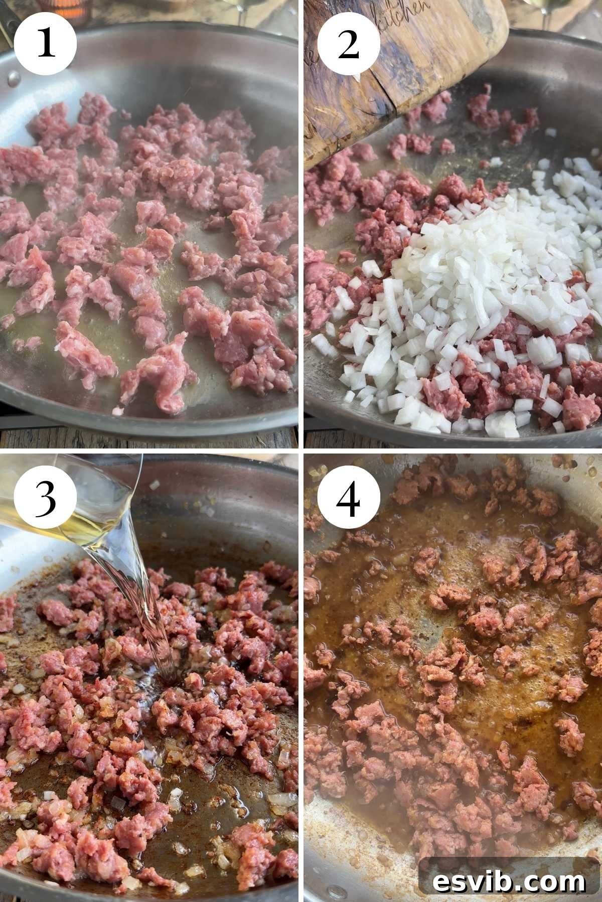 A collage of four images illustrating the initial steps: browning Italian sausage, sautéing onion until caramelized, and deglazing the pan with white wine.