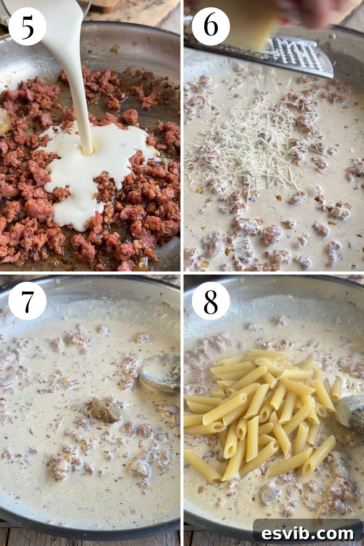 A four-image collage demonstrating the creamy sauce development: deglazing with wine, adding heavy cream, stirring in Pecorino and truffle, resulting in a rich, velvety sauce.