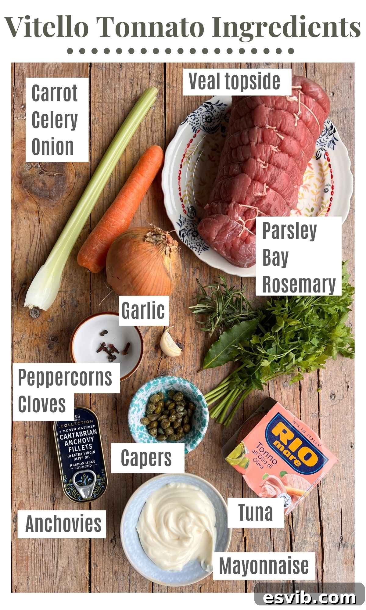 An organized overhead shot showcasing all the fresh and high-quality ingredients required to prepare homemade Vitello Tonnato, including veal, vegetables, and tuna.