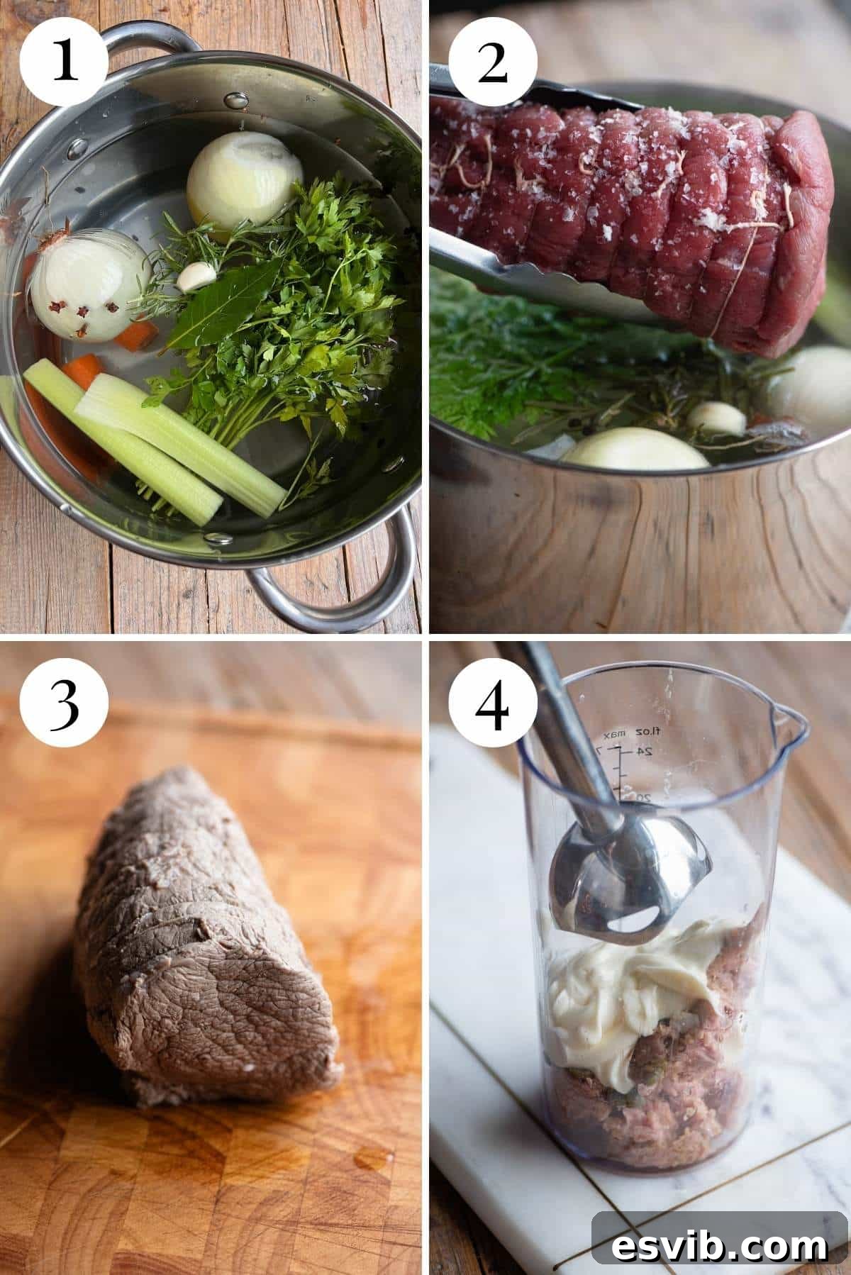 A four-photo collage illustrating the initial stages of Vitello Tonnato preparation, including preparing vegetables, seasoning the veal, and the poaching process.