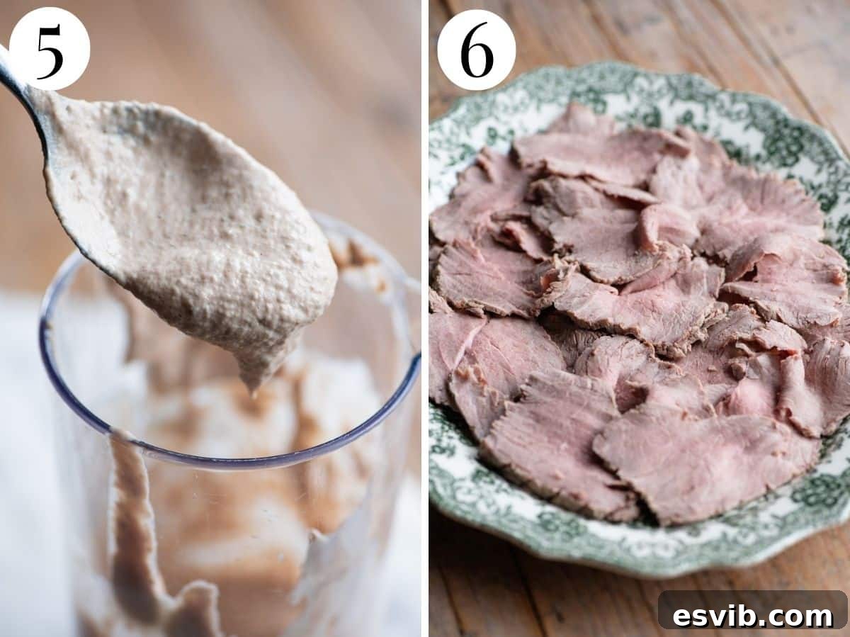 A two-photo collage demonstrating the ideal creamy consistency of the Vitello Tonnato sauce and the technique for slicing the veal thinly for perfect presentation.
