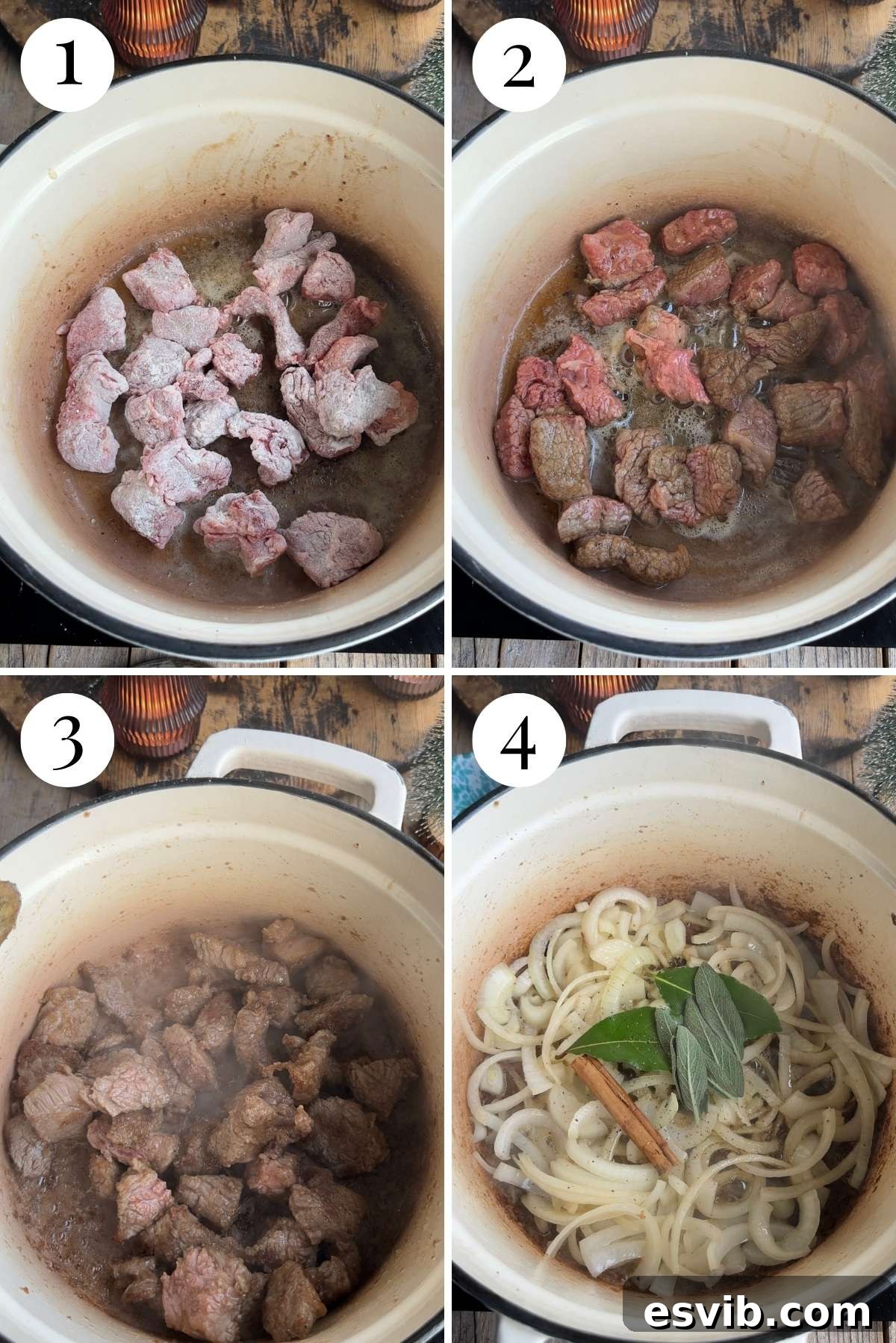 Four photos in a collage showing how to brown beef and onions.