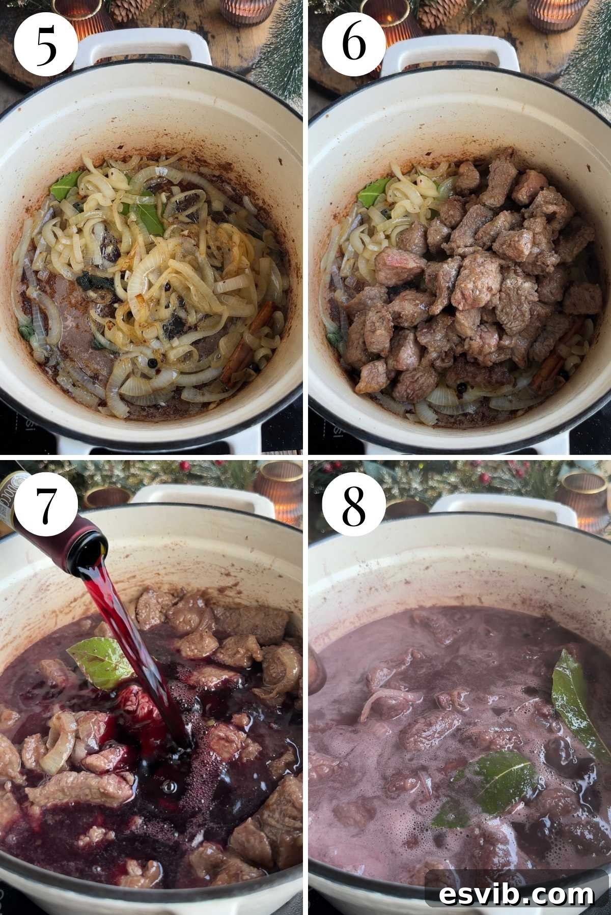 Four photos in a collage showing how to add wine and spices to a beef stew.