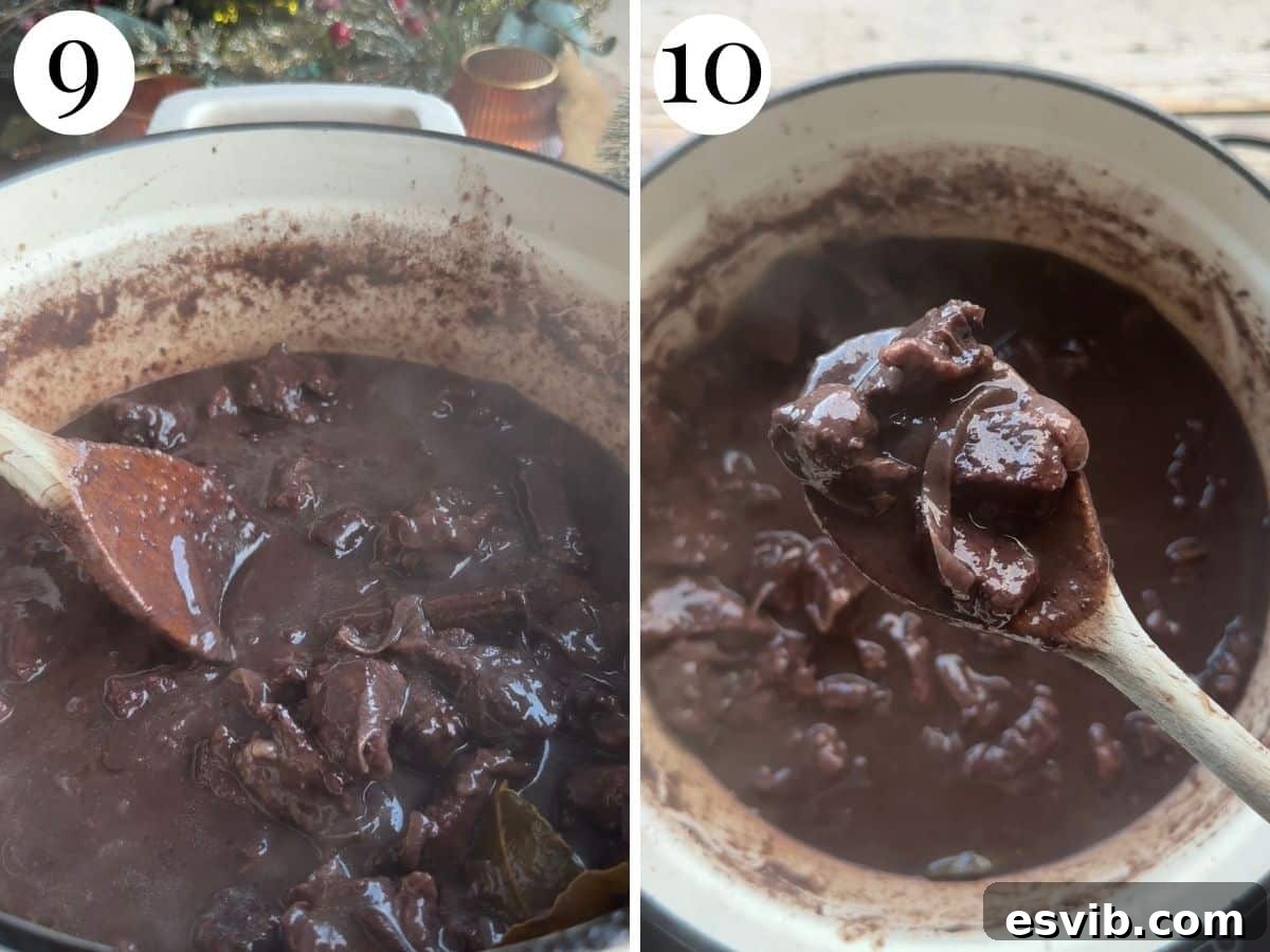 Two photos showing carbonade consistency after cooking.