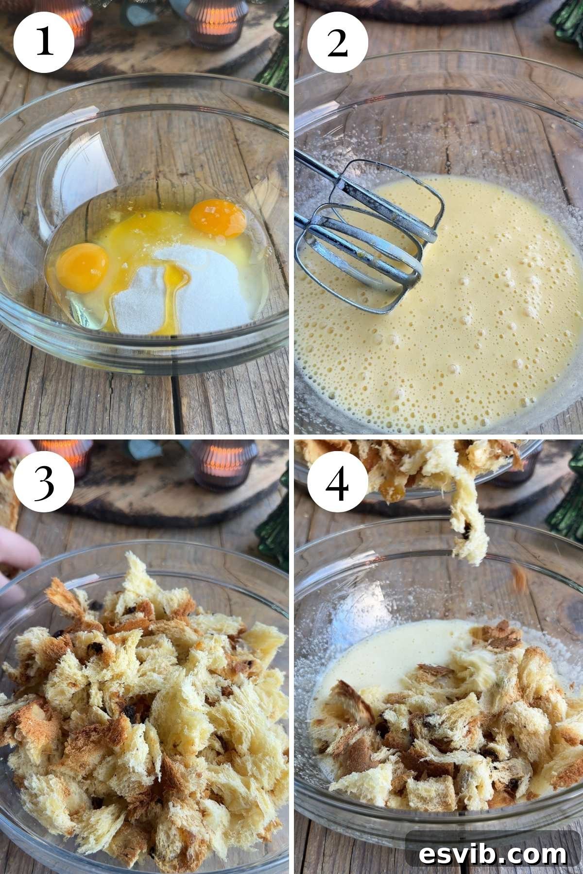 Four photos in a collage showing how to mix eggs, sugar, honey, and panettone together. The first two show whisking eggs and sugar, the third shows adding panettone pieces, and the fourth shows mixing.