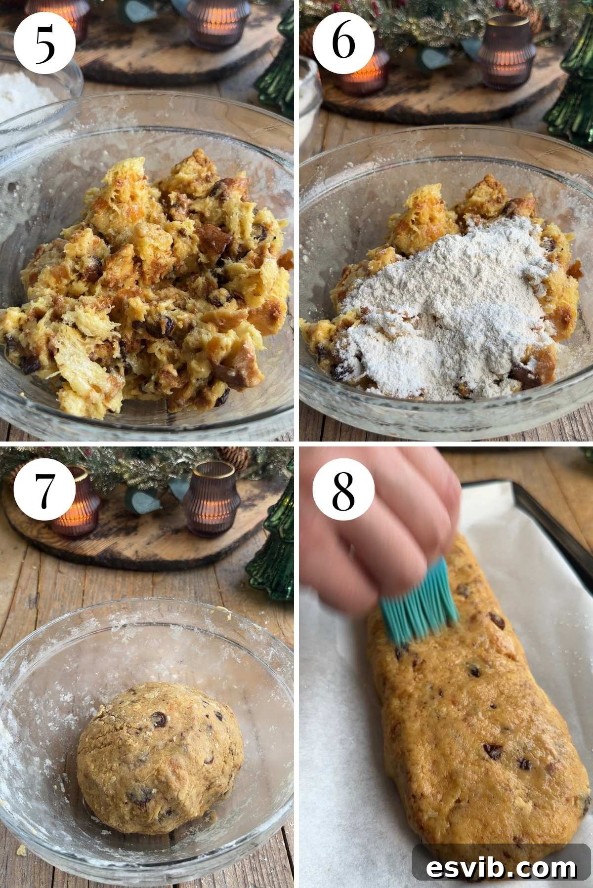Four photos in a collage showing how to make biscotti cookie dough and shape it into a log. The first two show adding flour, the third shows kneading the dough, and the fourth shows the shaped log on a baking tray.