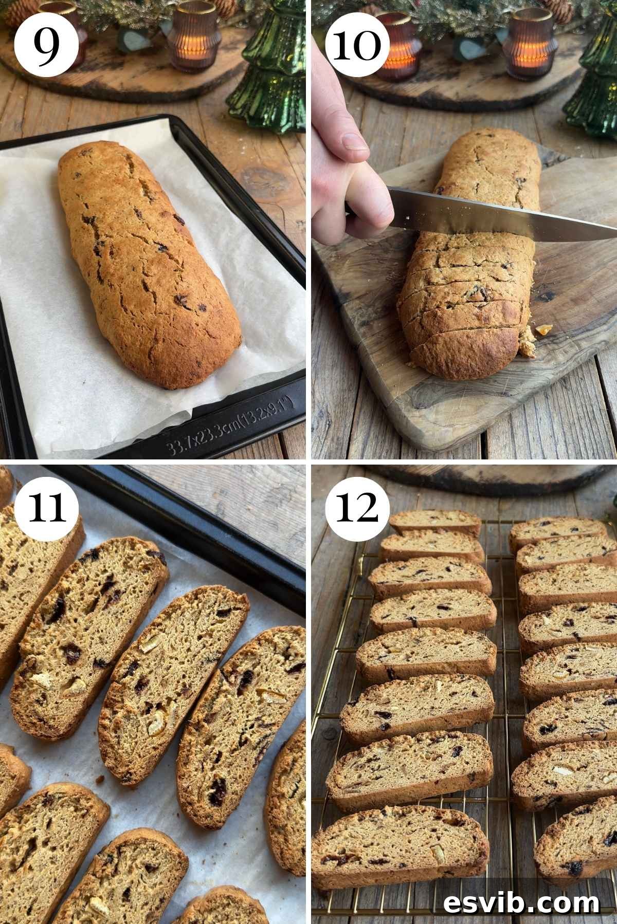 Four photos in a collage showing how to cut biscotti. The first two show slicing the baked log diagonally, and the last two show the sliced biscotti arranged on a baking sheet for the second bake.