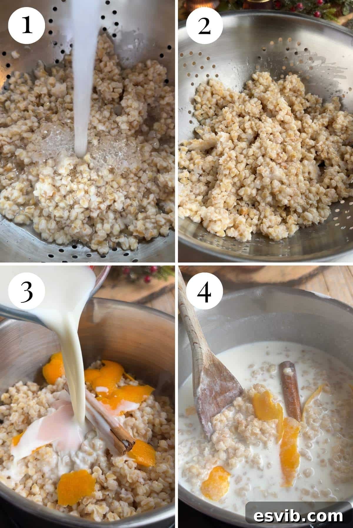 Cuccia The Sicilian Ricotta Delight 4 A four-photo collage demonstrating the process of preparing grano cotto: rinsing, adding milk and spices, simmering, and finally, cooling the cooked wheatberries.