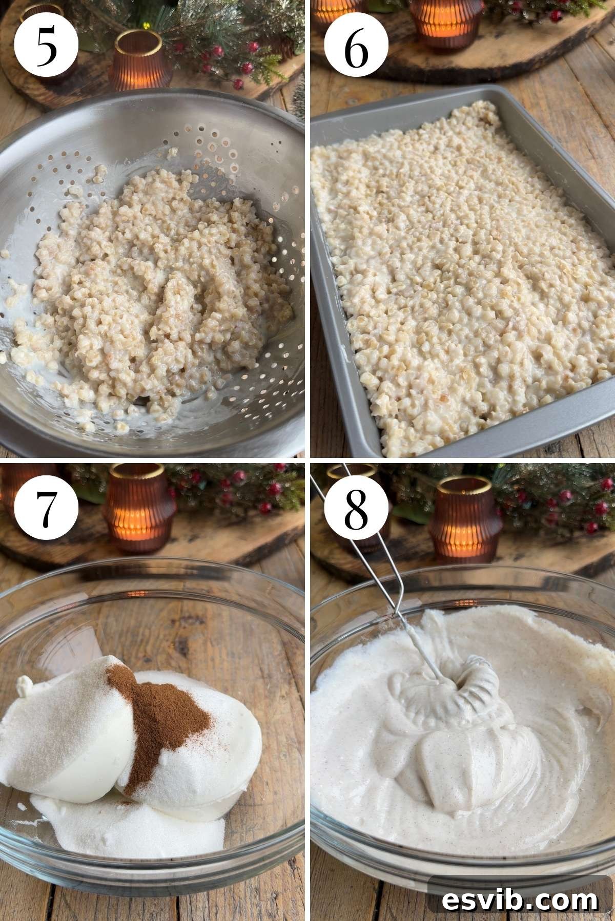 Cuccia The Sicilian Ricotta Delight 5 A four-photo collage illustrating the cooling process for grano cotto and the initial steps of preparing the creamy ricotta mixture for Cuccia.