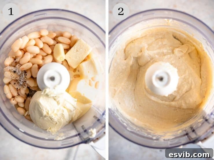 Two process shots showing the steps of making white bean dip. The first image shows all ingredients added to a food processor. The second image shows the ingredients being blended into a smooth, creamy dip.