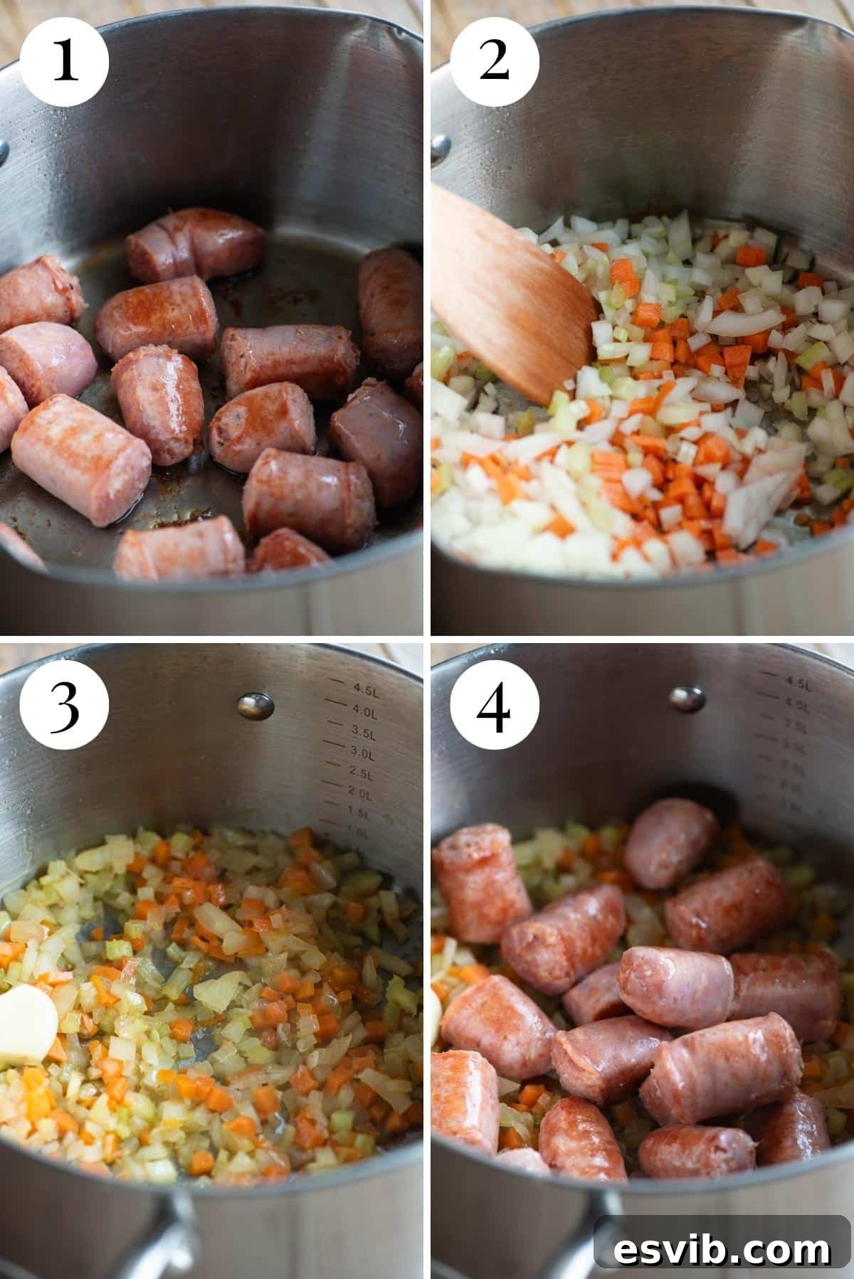 Four photos in a collage showing how to saute sausages and vegetables together.