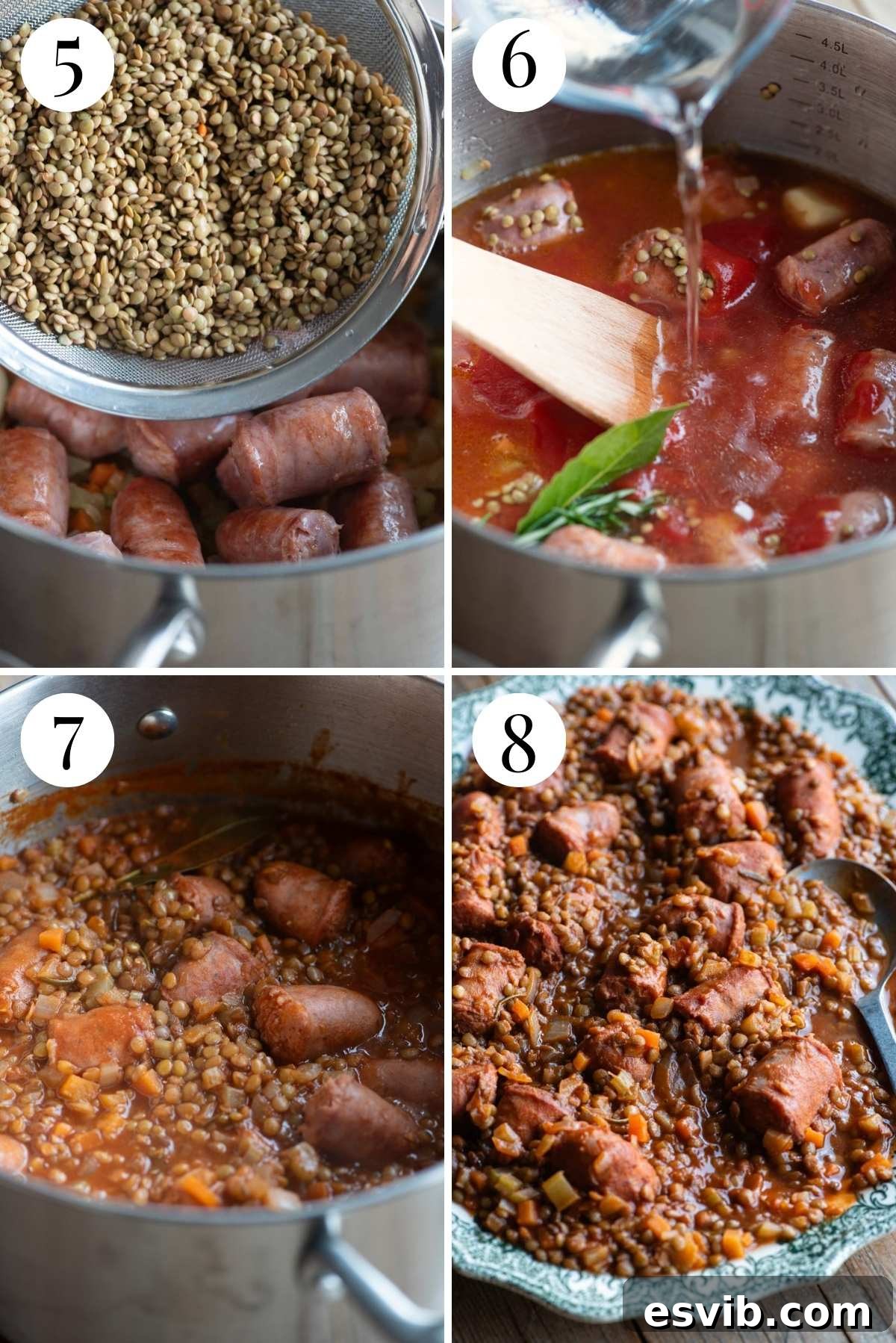 Four photos in a collage showing how to make sausages and lentils with tomato and herbs.