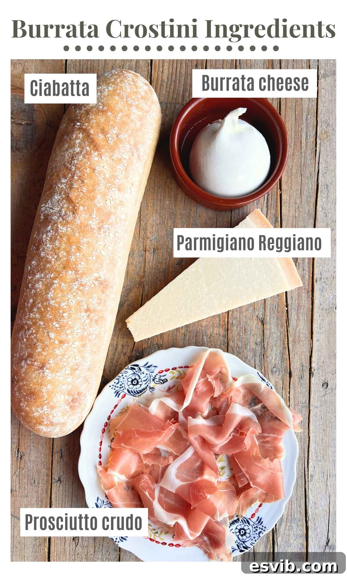 An overhead shot of all the fresh, high-quality ingredients needed to make burrata crostini with parmigiano and crispy prosciutto, laid out on a clean surface.