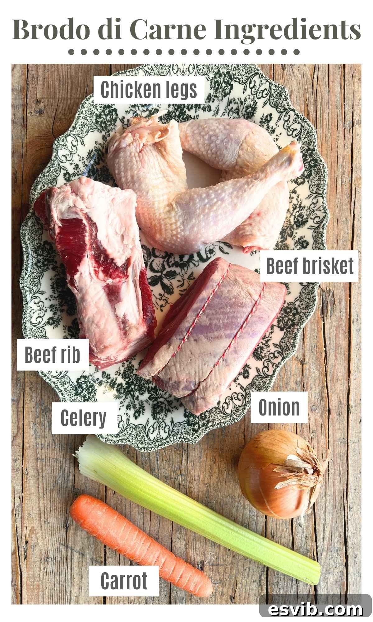 An overhead shot showcasing all the fresh, high-quality ingredients required to prepare a traditional Brodo di Carne, including various cuts of meat and whole, unpeeled vegetables.