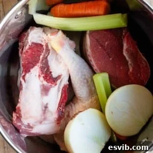 A cropped image showing all the raw ingredients for an Italian meat broth arranged in a stock pot, prior to cooking.