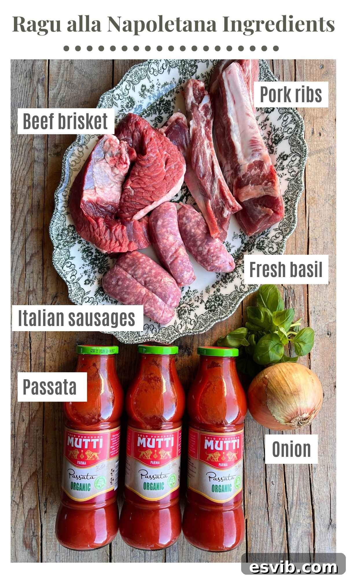 An overhead shot of all the ingredients needed to make a Neapolitan ragu.