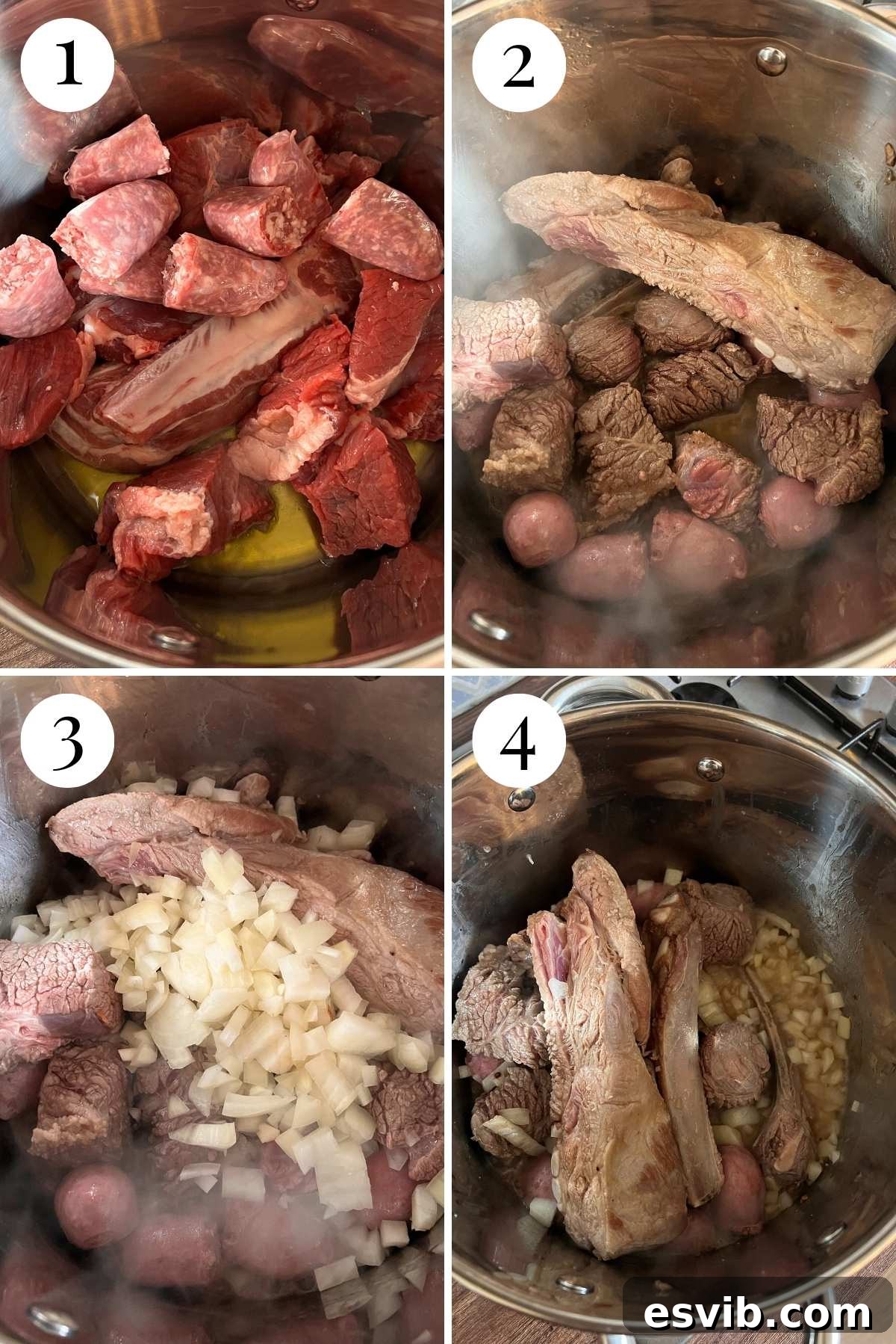 Four photos in a collage showing how to brown meat and onions.