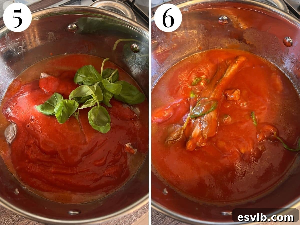 Two photos in a collage showing how to make a neapolitan ragu with tomato sauce.