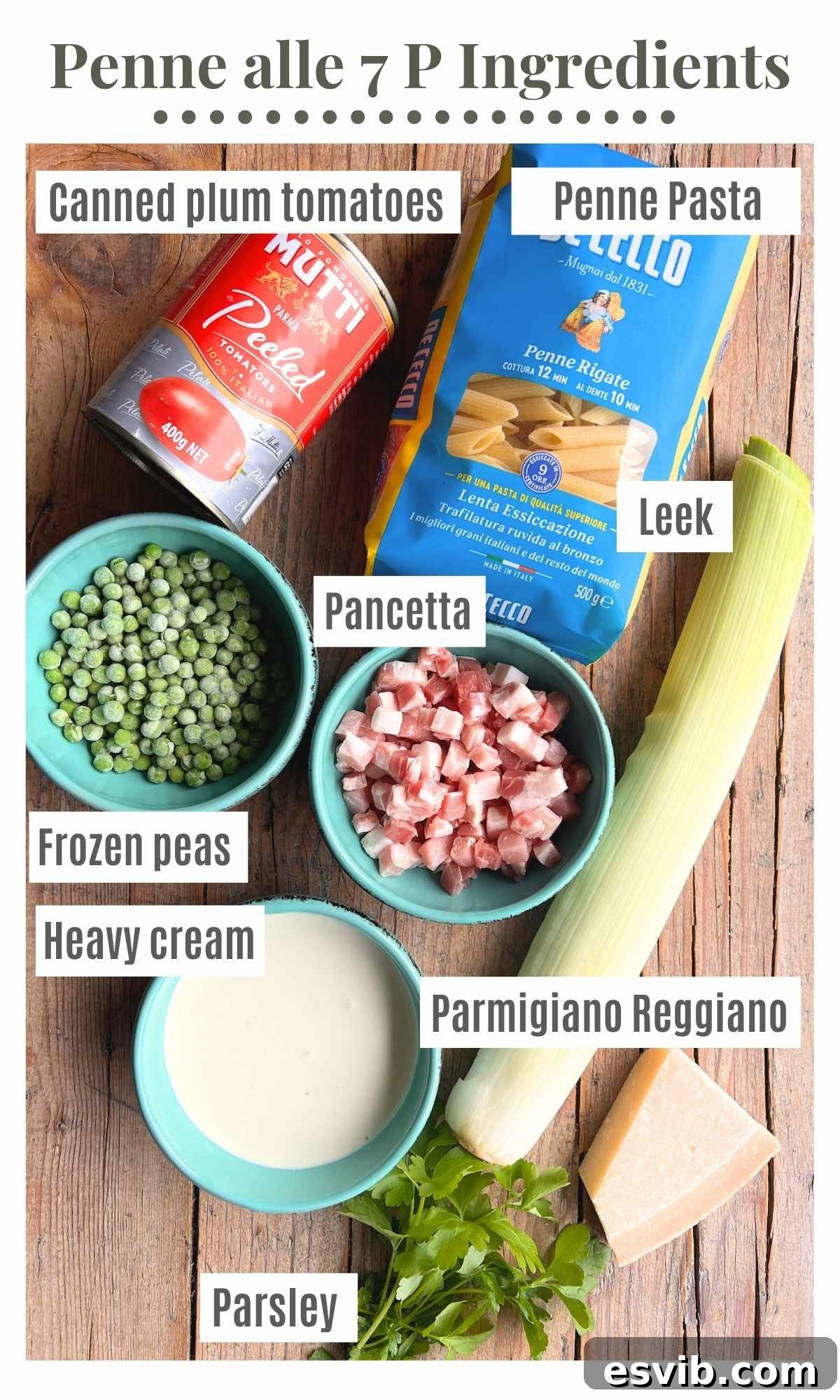 An overhead shot of all the ingredients needed to make a creamy tomato Tuscan pasta called 'Penne alle sette P'.