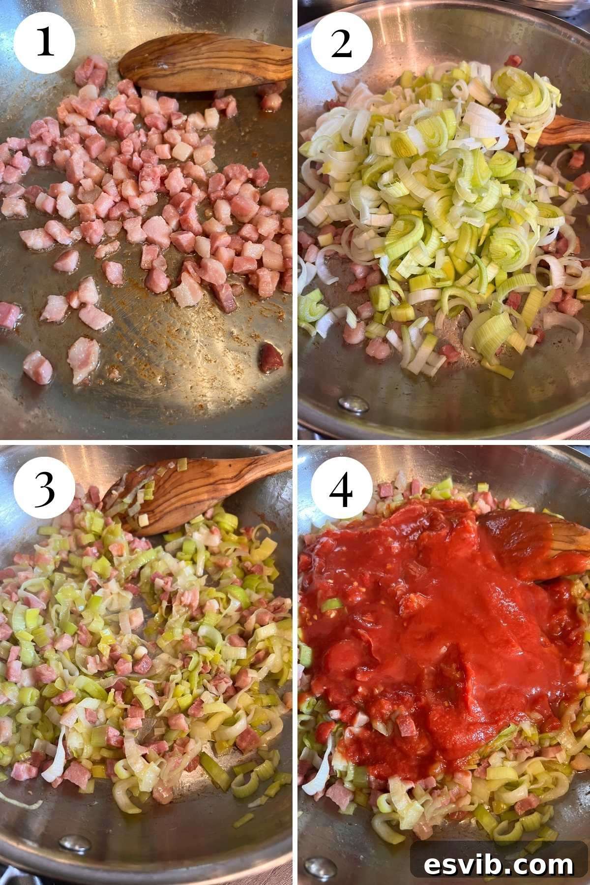 Four photos in a collage showing how to fry pancetta, leeks and tomatoes together.