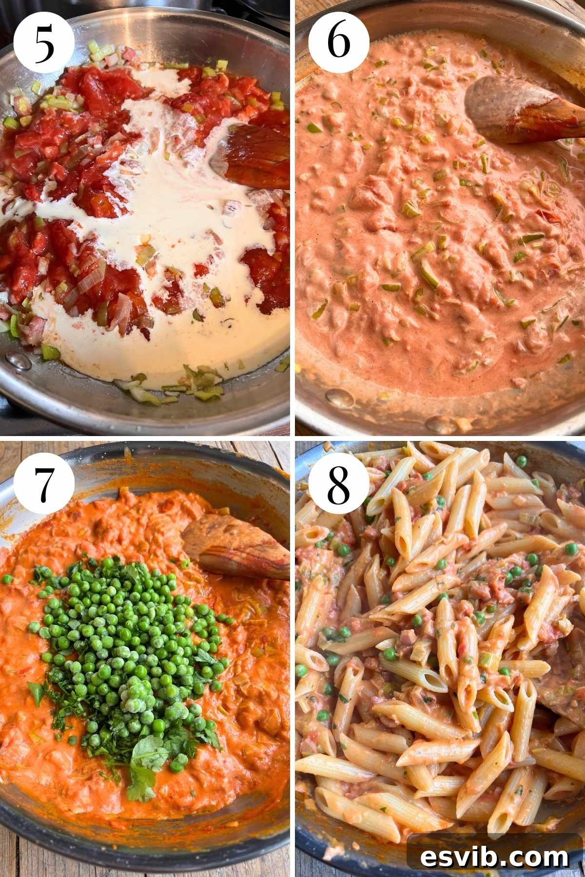 Four photos in a collage showing how to make a creamy tomato pasta sauce with creamy, peas and parsley.