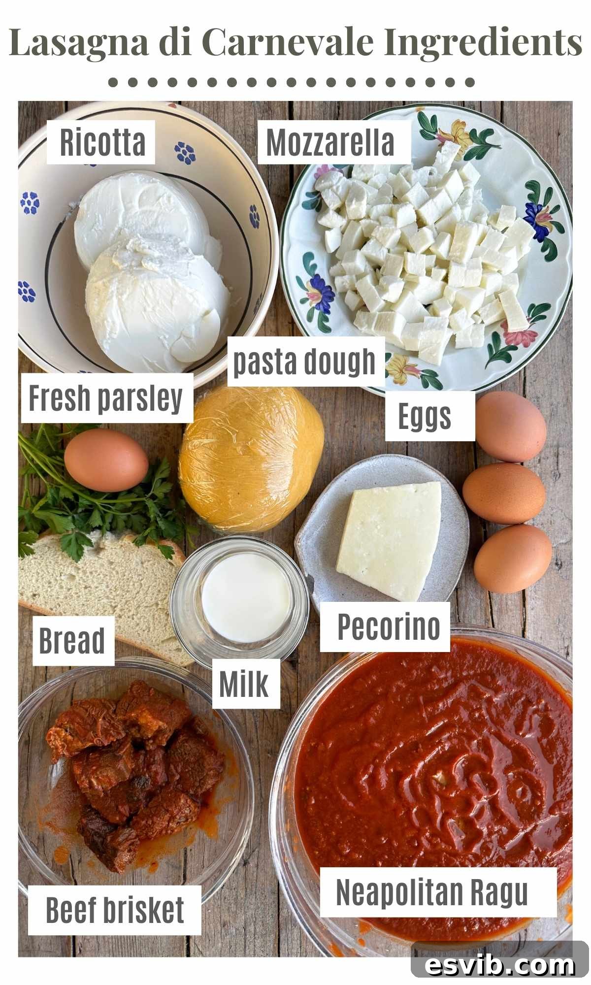 An overhead shot of all the fresh, high-quality ingredients needed to make a delicious Neapolitan lasagna di carnevale, neatly arranged on a rustic wooden surface.
