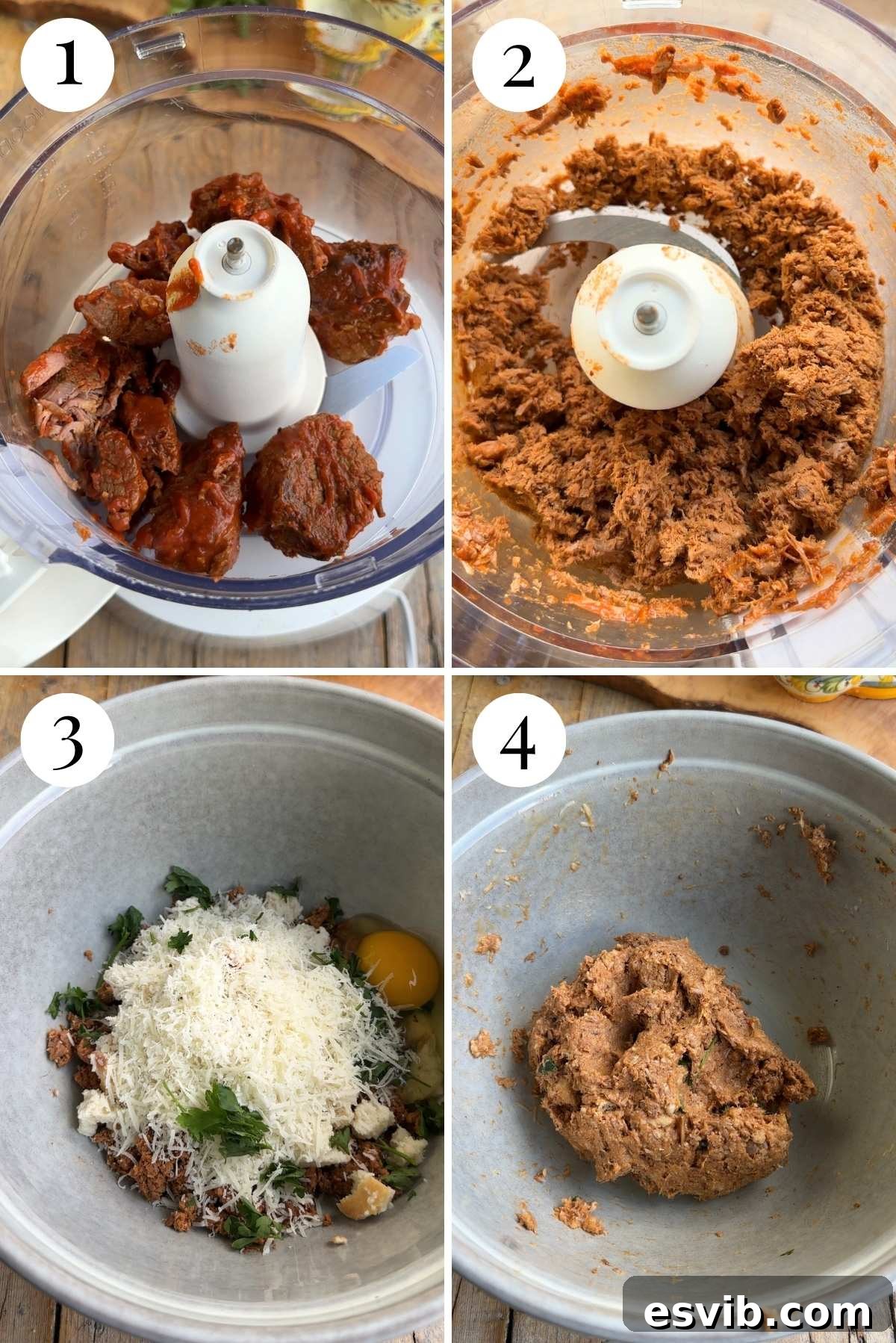 Four photos in a collage showing the initial stages of making meatballs for a Southern Italian lasagna, including bread soaking and beef processing.
