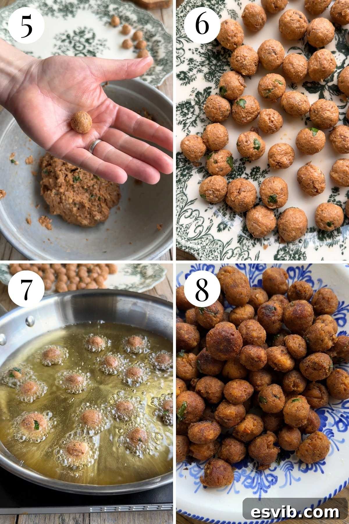 Four photos in a collage showing how to form and then fry tiny meatballs for Neapolitan lasagna until golden brown.