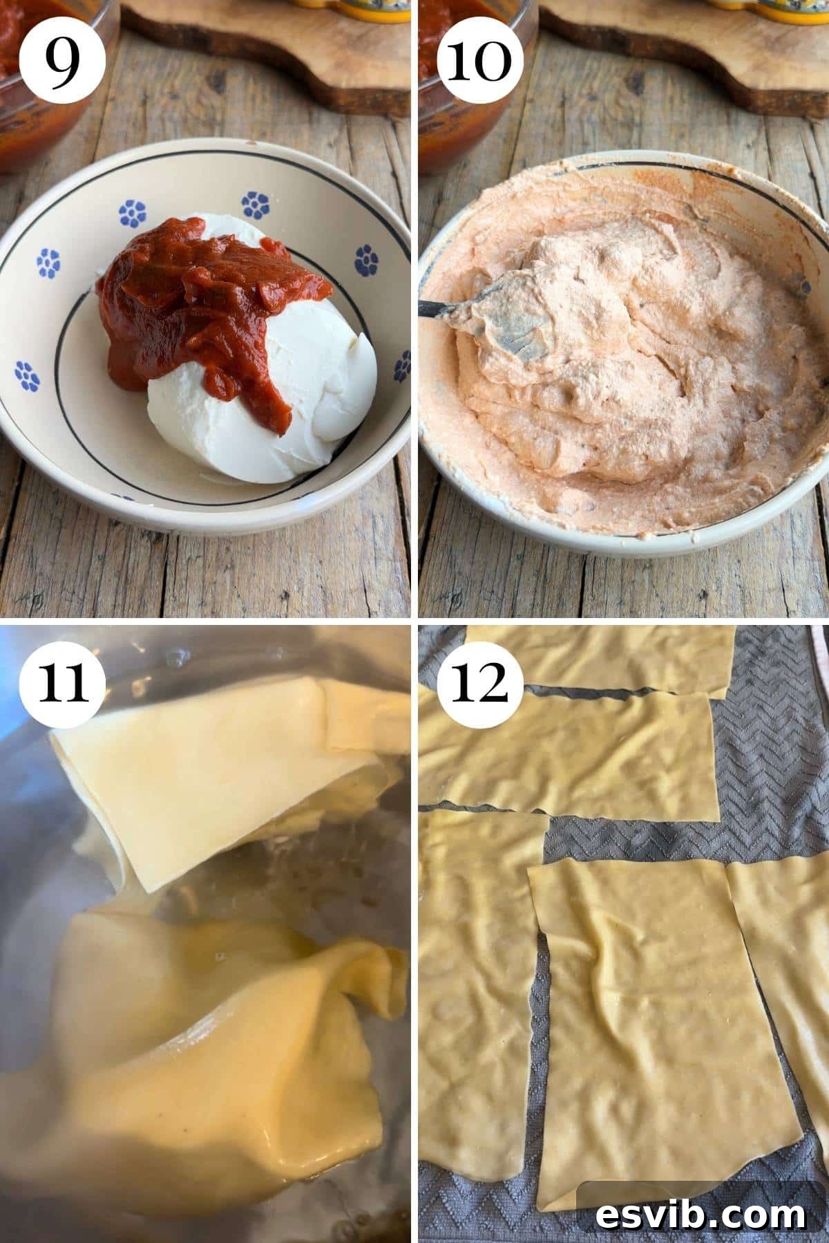 Four photos in a collage showing the preparation of ricotta mixture for Lasagna di Carnevale and the blanching of homemade pasta sheets.