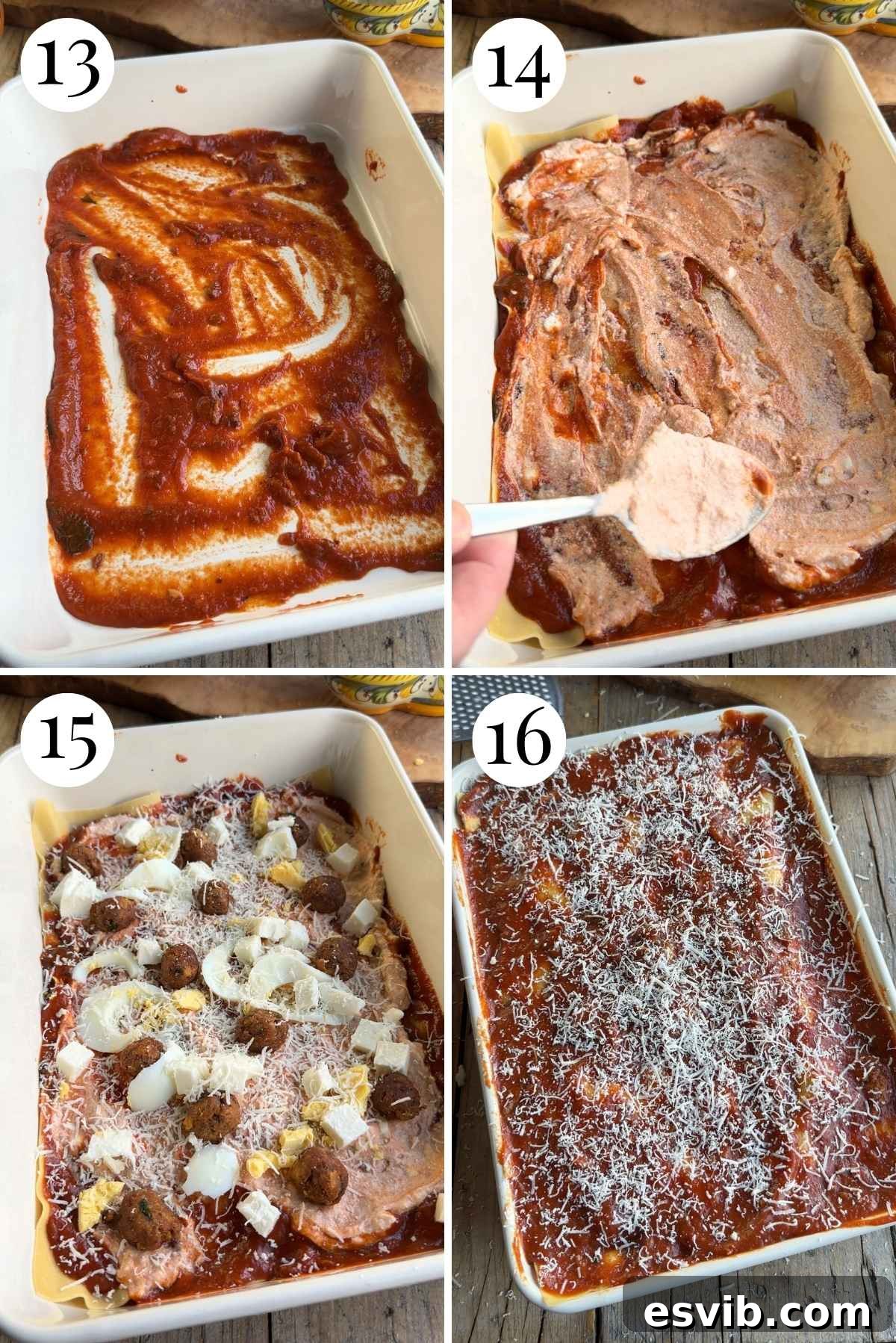 Four photos in a collage demonstrating the meticulous process of assembling Lasagna di Carnevale, layer by delicious layer.
