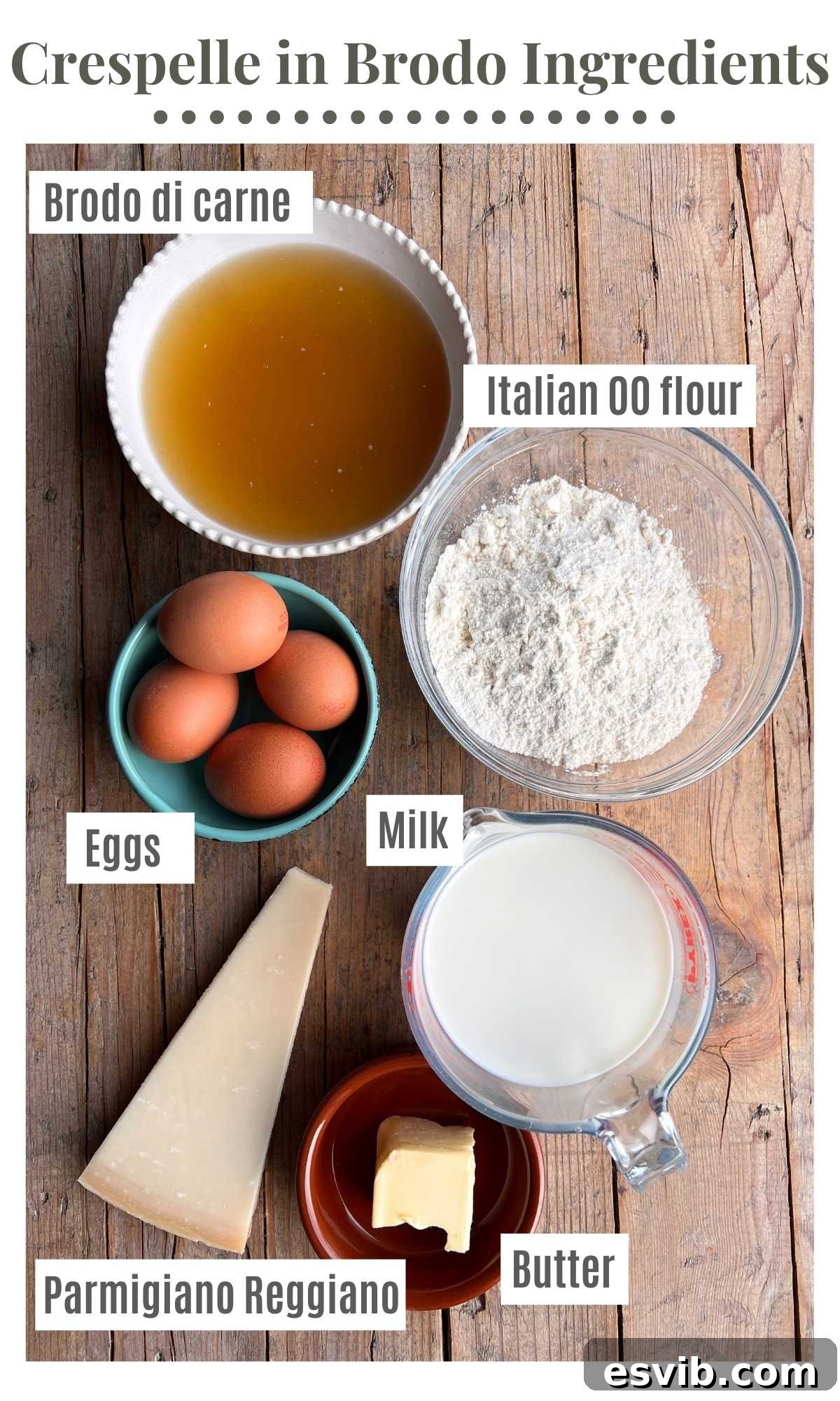 An overhead shot of all the ingredients needed to make crespelle in brodo.