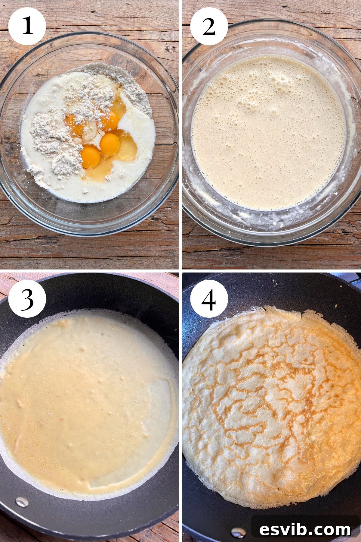 Four photos in a collage showing how to make crepe batter.