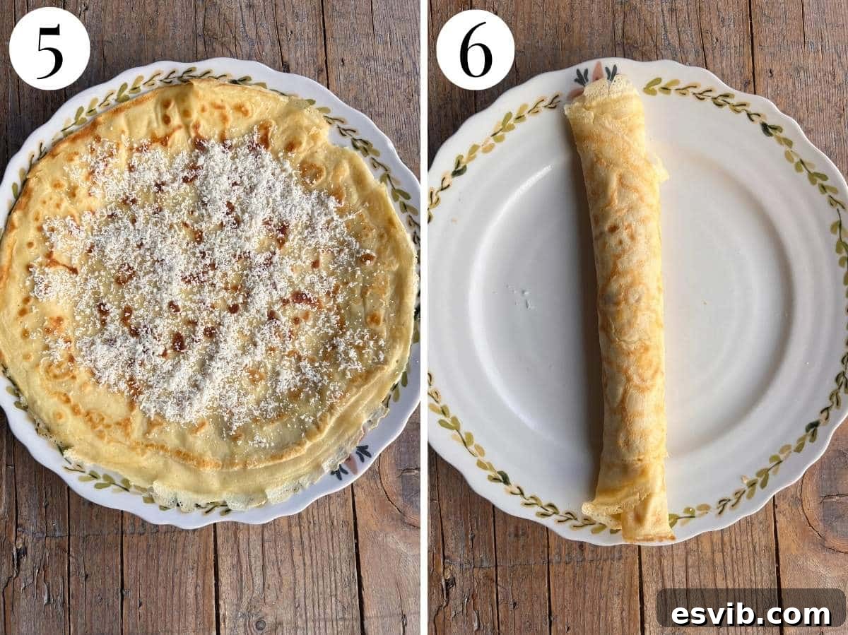 Two photos in a collage showing how to fill and roll crepes.