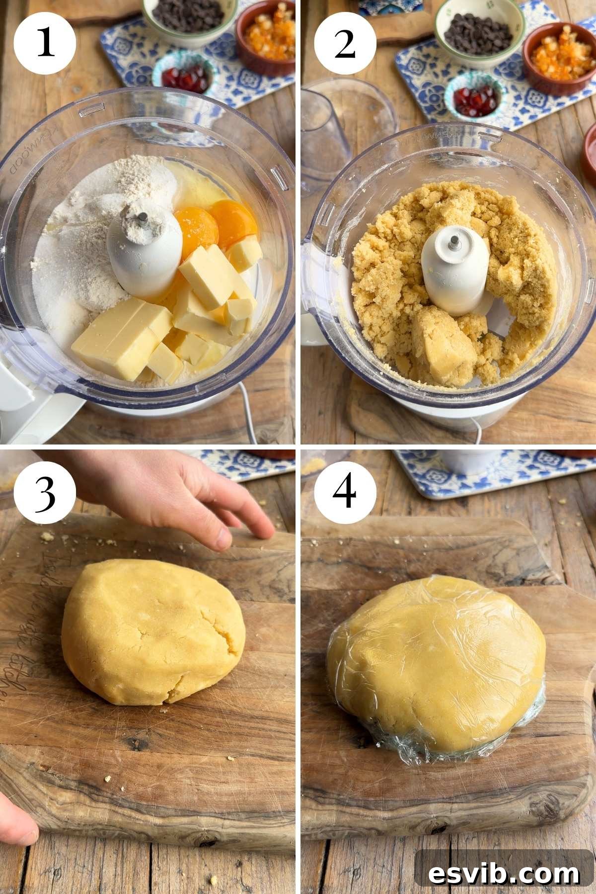 A four-photo collage illustrating the step-by-step process of preparing the perfect pasta frolla dough for Sicilian pastries.