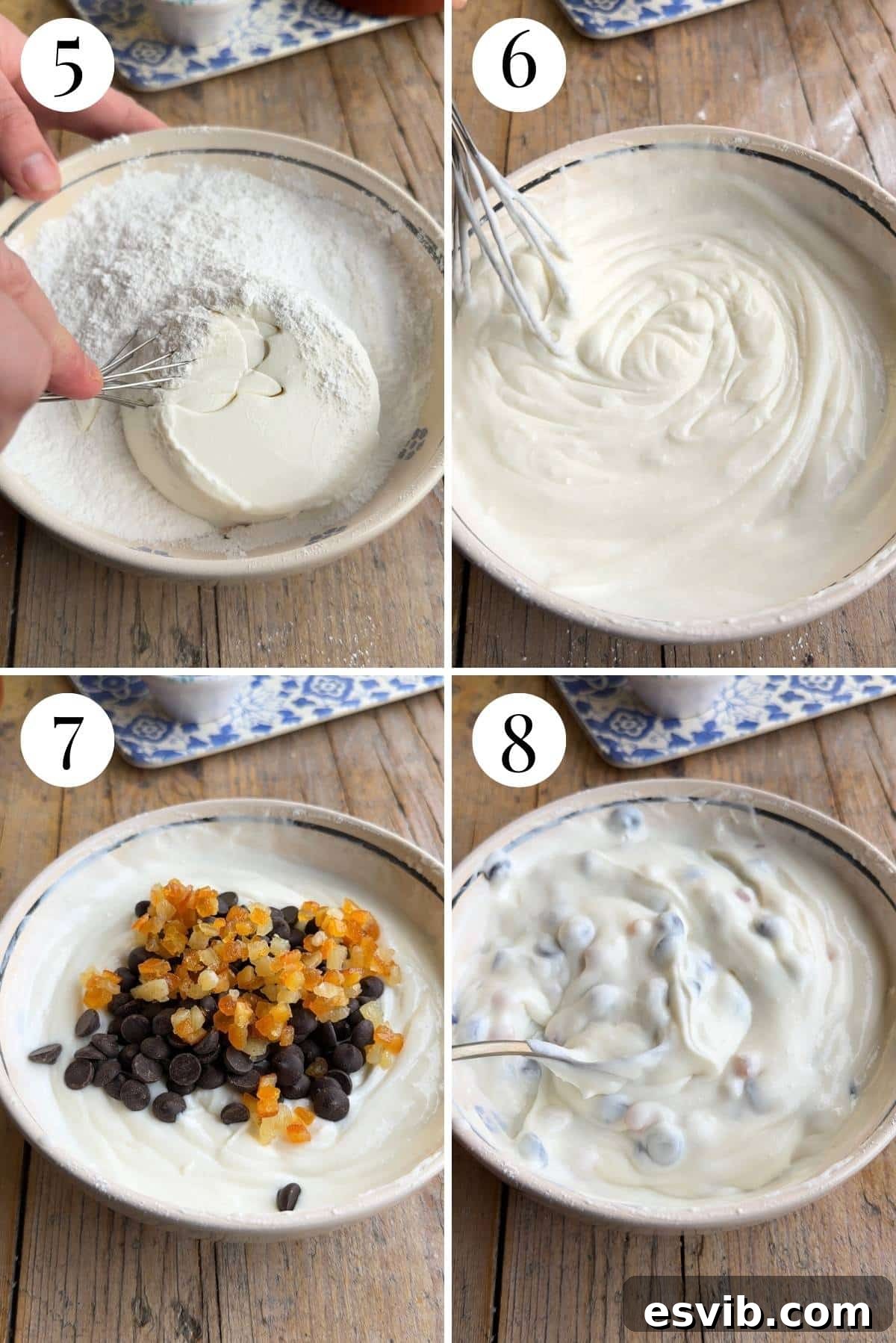 A four-photo collage demonstrating the process of creating the sweet, rich ricotta and chocolate chip filling for Sicilian pastries.