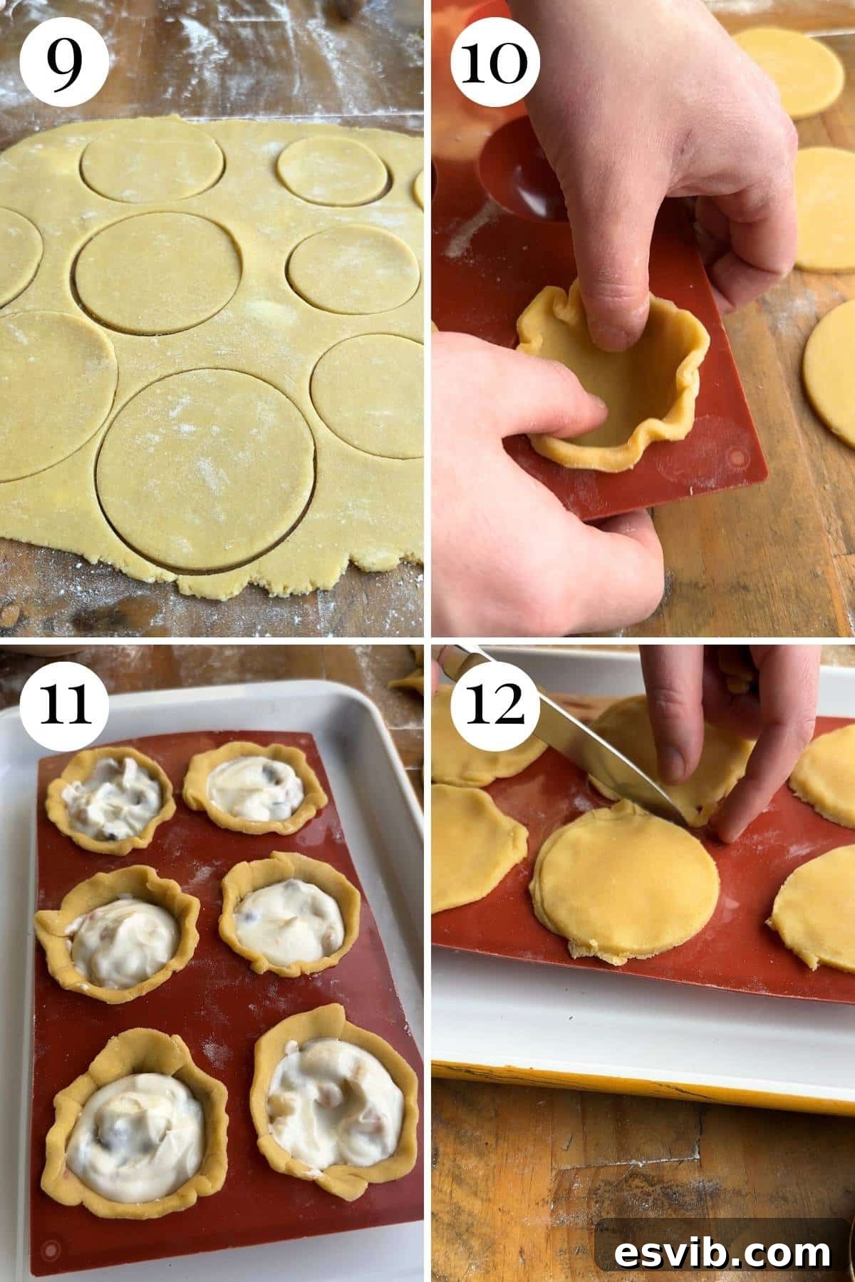 A four-photo collage illustrating the meticulous steps of filling and assembling the delicate Sicilian pastries before baking.