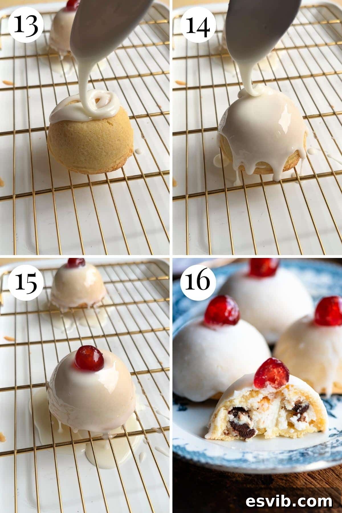 A four-photo collage demonstrating the final decorative steps, showcasing how to delicately pour icing onto the exquisite Sicilian pastries.