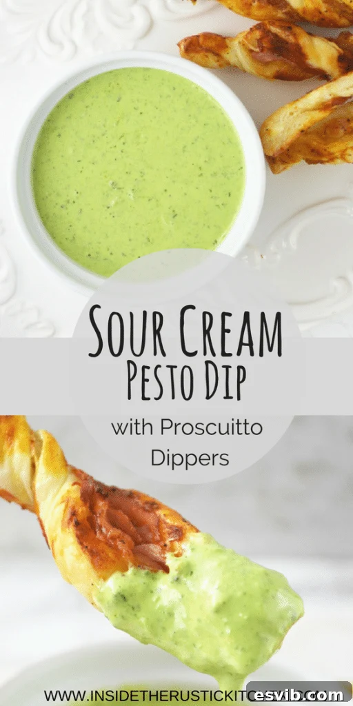 Large image of Sour Cream Pesto Dip with Prosciutto Dippers, ideal for Pinterest saving.