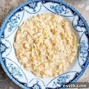 An overhead cropped image of a beautifully prepared creamy lemon risotto in a blue and white bowl, ready to be enjoyed.