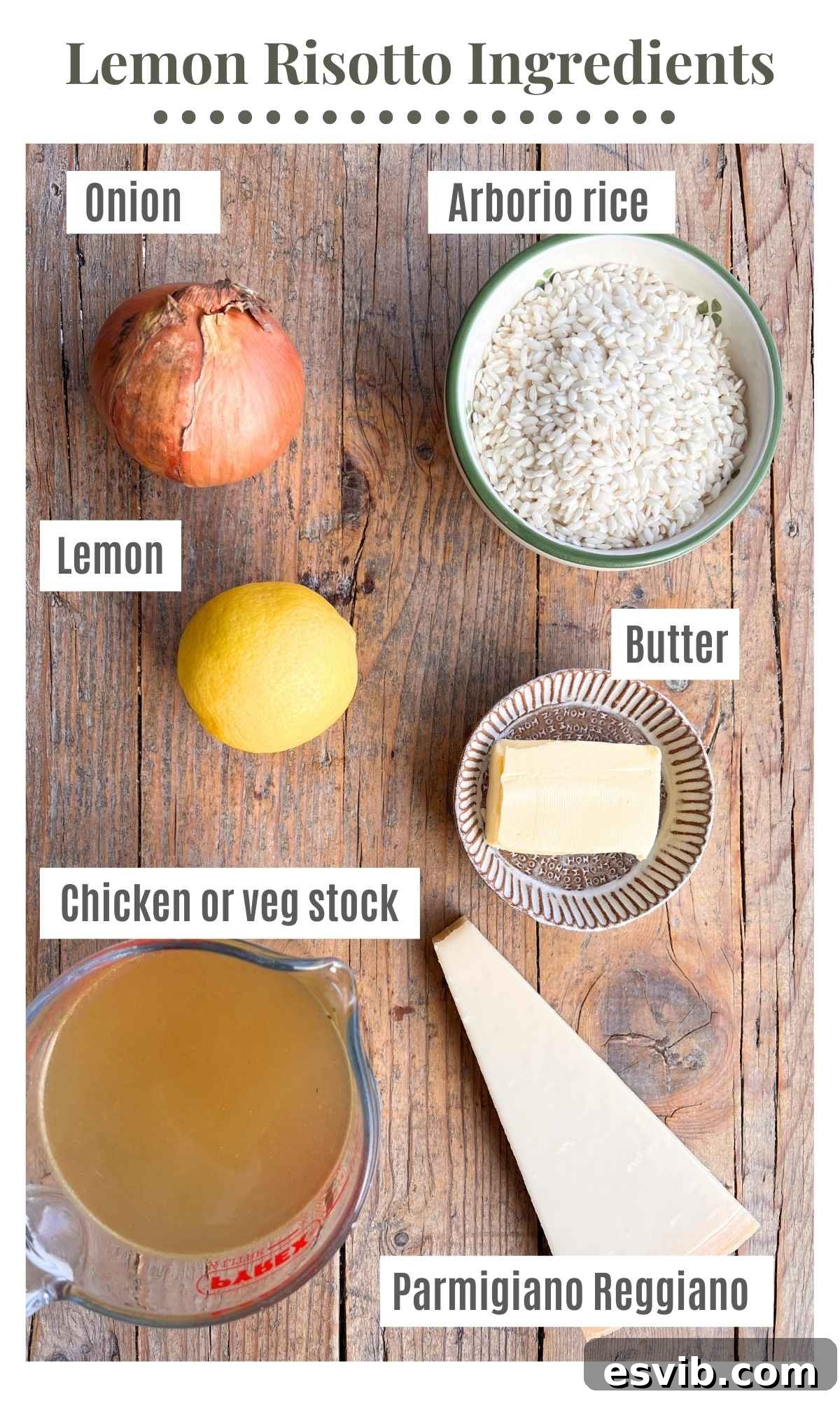 Zesty Lemon Risotto 3 An overhead shot of all the fresh and carefully selected ingredients needed to make homemade lemon risotto, arranged aesthetically on a rustic wooden surface.