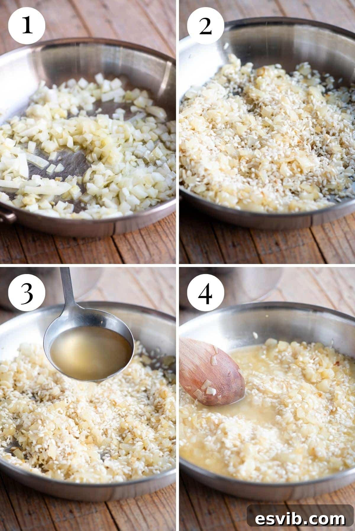Zesty Lemon Risotto 4 Four photos in a collage showing the initial stages of making lemon risotto: sautéing onions, toasting rice, and adding the first ladles of stock.